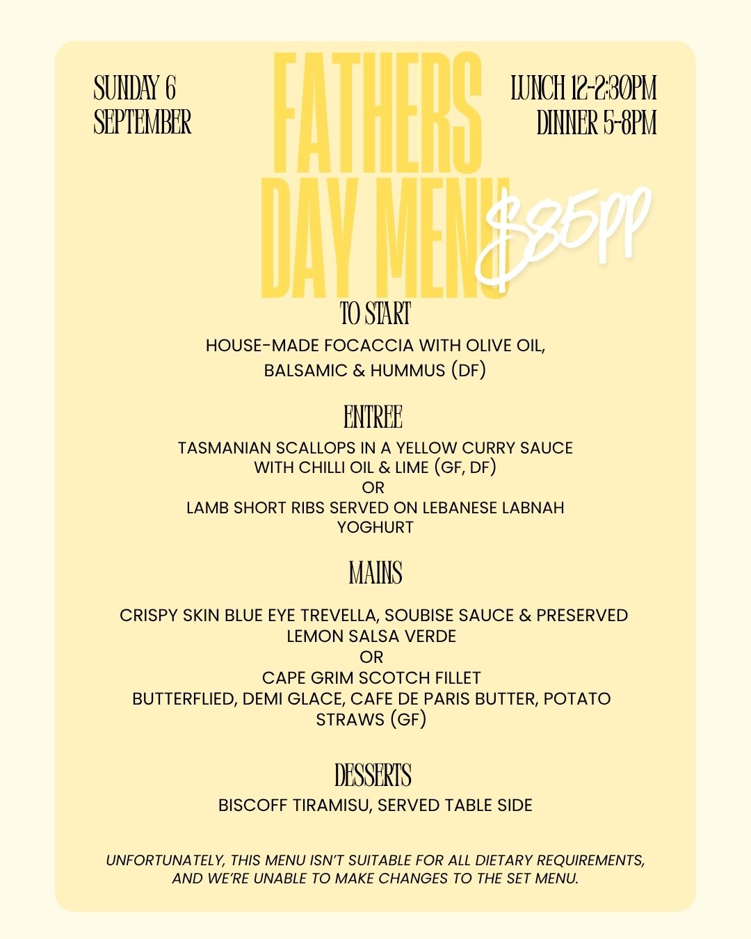 Father's Day Menu, Sunday 6 September, $85pp